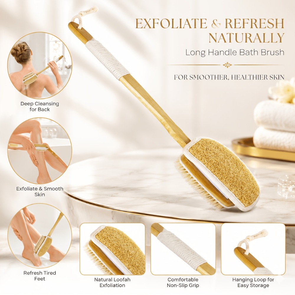 Body Loofah Natural - Wood Long Handle Bath Brush Natural